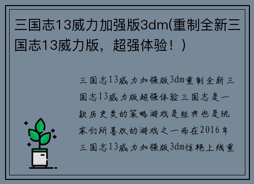 三国志13威力加强版3dm(重制全新三国志13威力版，超强体验！)